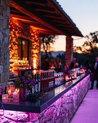 a bar with candles and bottles of wine on it