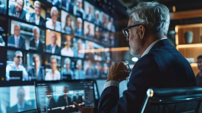 Senior managers participating in a virtual team-building activity, each visible on a large screen in a high-tech office environment