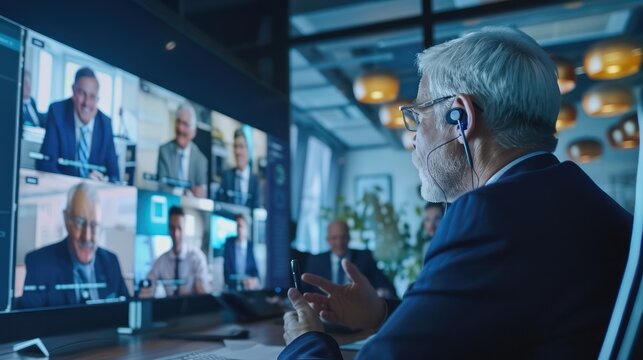 Senior managers participating in a virtual team-building activity, each visible on a large screen in a high-tech office environment