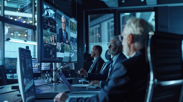Senior managers participating in a virtual team-building activity, each visible on a large screen in a high-tech office environment
