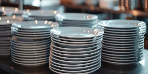 A pile of plates and dishes stacked high in a kitchen or restaurant setting