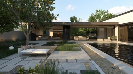 Obraz premium Sleek, luxury suburban home with a minimalist design, featuring an outdoor seating area and minimalist landscape design Ensure room for text