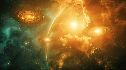 Obraz premium Three glowing spacecraft hover in space above a planet engulfed in bright, swirling clouds