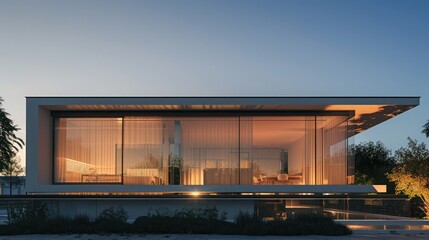 Fototapeta premium Sleek, minimalist suburban home with an emphasis on horizontal lines and a transparent facade, under a clear evening sky Ensure room for text