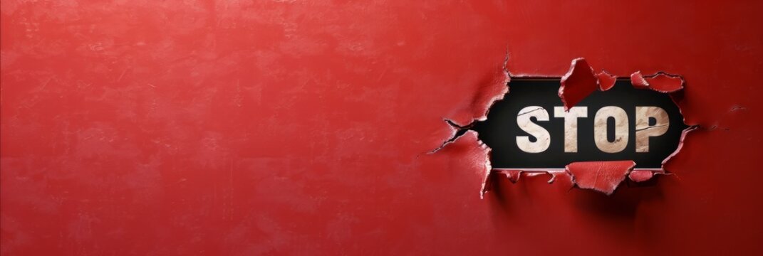A STOP word breaking through a red wall. Banner design with blank copyspace for custom advertising and messaging