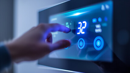 Close-up of a man's hand setting the smart air conditioner temperature display screen, showcasing remote summer heat room cooling technology equipment, modern home device lifestyle