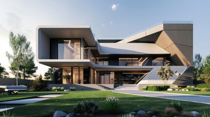Sleek, modern home with a minimalist design, featuring sharp geometric shapes and a large front lawn