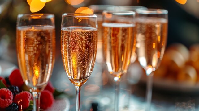 luxury event catering, elegant table setting with champagne glasses and sparkling drinks, perfect for upscale events and gatherings