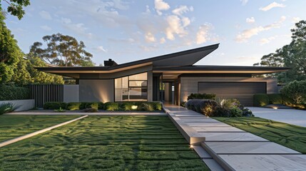 Sleek, modern suburban home with a minimalist aesthetic, featuring an angular roof and expansive front yard