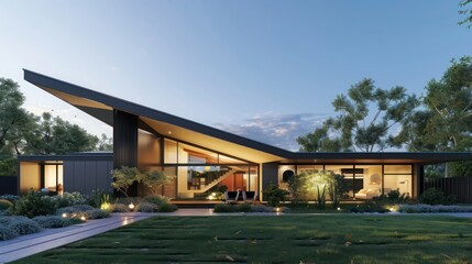 Sleek, modern suburban home with a minimalist aesthetic, featuring an angular roof and expansive front yard