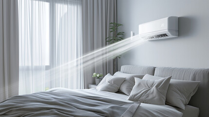 White air conditioner mounted on the bedroom wall, cold air blowing onto the bed. Representing modern temperature cooling equipment, remote summer system, copy space