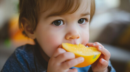 Closeup of a little toddler boy eating a juicy piece of fruit, his tiny hands holding the snack. Healthy nutrition and diet for young kids, breakfast or snack at home