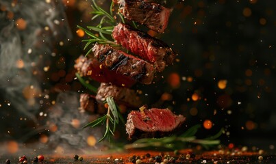A close up of a piece of meat with a lot of seasoning on it. Free copy space for text.