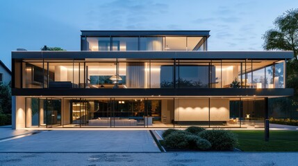 Fototapeta premium Sleek, modern suburban home with a minimalist aesthetic, featuring an all-glass front and a hidden driveway