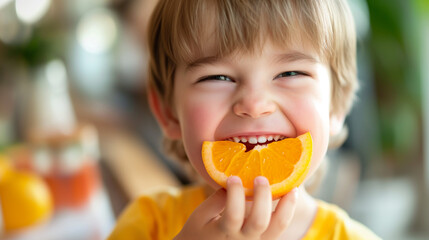 Little boy taking a big bite of fruit, closeup of his cheerful face. Healthy eating habits and nutrition for toddlers, breakfast or snack at home