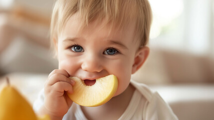 Happy toddler boy munching on a piece of fruit, closeup of his satisfied expression. Promoting healthy diet for young kids, breakfast or snack at home