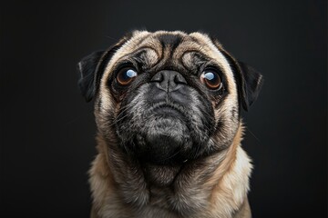 Obraz premium Frontal portrait of a pug dog with studio lighting and black background, captured with a 35mm lens, showcasing the dog's features in high detail.