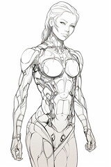 female cyborg on white background line art