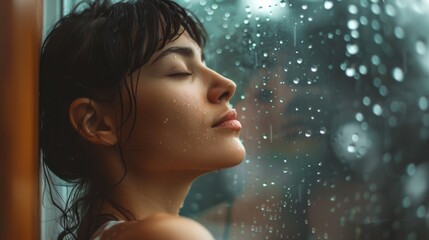 A person gazing out of a window during a rainy day, possibly contemplating or lost in thought