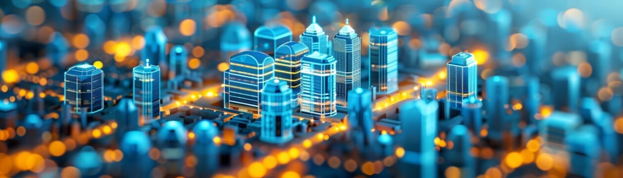 Futuristic miniature cityscape with glowing buildings and advanced technology, showcasing urban innovation and modern architectural design.