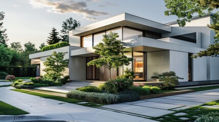 Fototapeta premium Sleek, modern suburban home with a minimalist aesthetic, featuring sharp angles and a manicured front garden