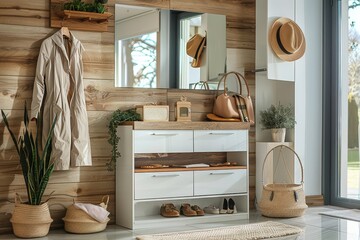 Scandinavian-style entrance hall featuring a Garderobe's continuation set with a mirror, shoe cabinet, and bench in white high gloss and light oak wood, showcasing modern interior design.