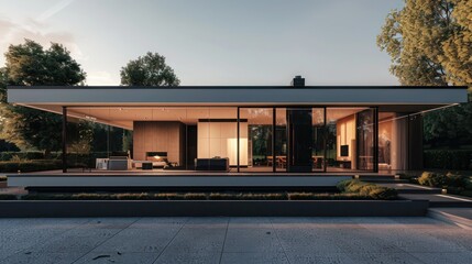 Obraz premium Sleek, modern suburban home with a minimalist aesthetic, featuring an all-glass front and a hidden driveway