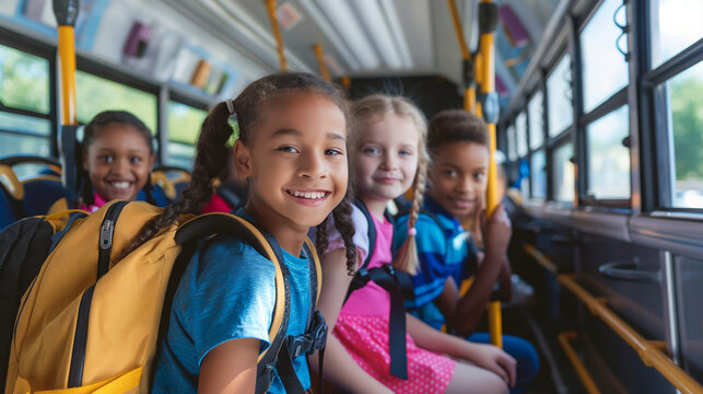Happy children with backpacks sitting in the bus interior, kindergarten students anticipating a new adventure at elementary school. Pupils, first grade