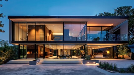 Obraz premium Sleek, modern suburban home with a minimalist aesthetic, featuring an all-glass front and a hidden driveway