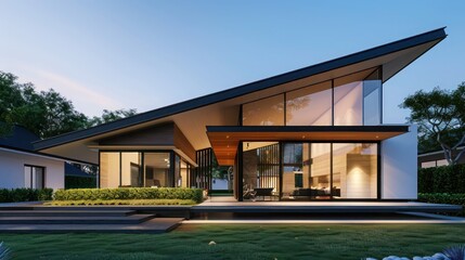 Sleek, modern suburban home with a minimalist aesthetic, featuring an angular roof and expansive front yard