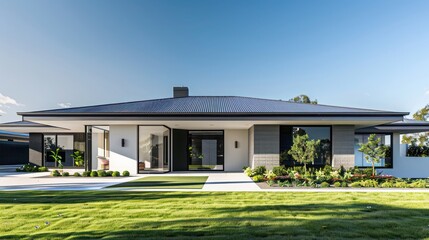 Sleek, modern suburban home with a minimalist aesthetic, featuring an angular roof and expansive front yard