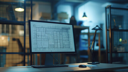 Closeup of architectural blueprint plan sketch on a monitor display in a well-lit office. Engineer designing a construction project, utilizing business workplace technology, indust