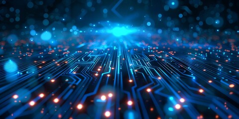 Obraz premium Futuristic blue circuit board with glowing lights and bokeh effects, representing digital communication.