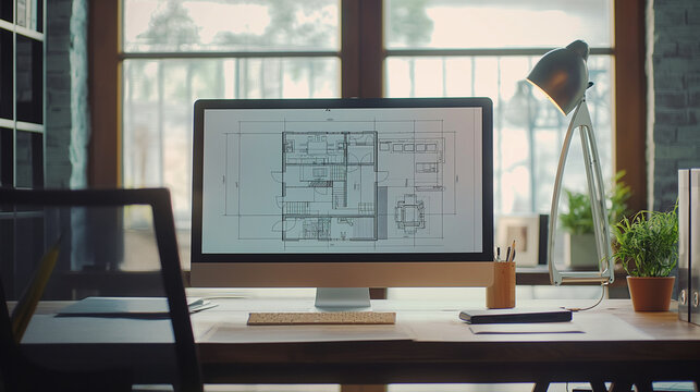 Architectural blueprint plan drawing draft sketch displayed on a monitor screen in a modern office setting. Engineer working on construction project design, business workplace tech