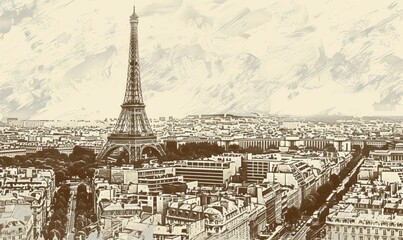 Hand-drawn sketch of Eiffel Tower with Paris cityscape.