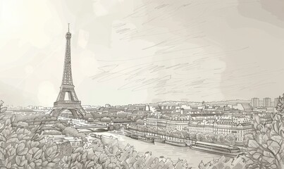 Hand-drawn sketch of Eiffel Tower with Paris cityscape.