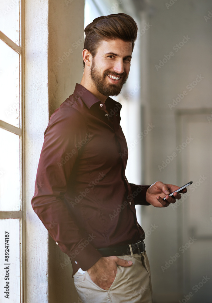 Poster creative, man and portrait with smartphone in office for client feedback, project updates and timeli