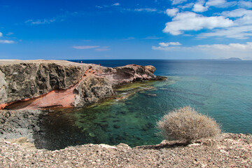 Krajobraz morski, tropikalna piaszczysta plaża, widok na horyzont, wakacje i wypoczynek w słoneczny dzień, linia brzegowa nad oceanem, tapeta, egzotyczne tło, Lanzarote © anettastar
