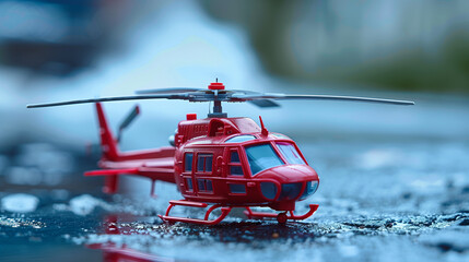 Naklejka premium Close shot of a red plastic helicopter model. A toy resembling a real helicopter, created for children's creative play related to travel and flights. 
