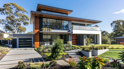 Fototapeta premium Sleek suburban home with a blend of modern materials, featuring clean, uncluttered lines and an eco-friendly design