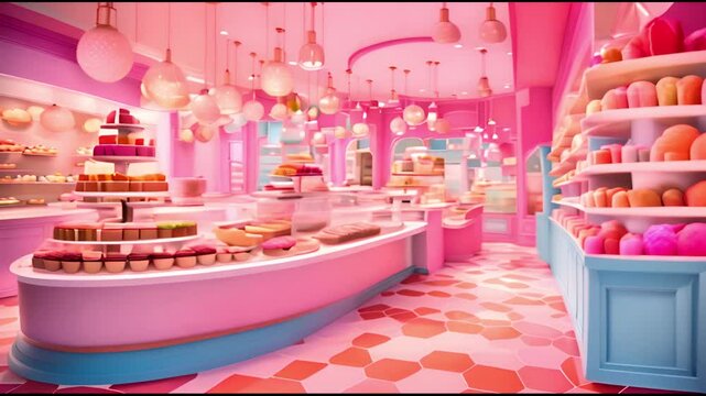 A cartoon style interior of a modern bakery store with cupcakes and cakes on the counter for sale.