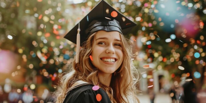 A young woman celebrating her academic achievement, proudly wearing a graduation cap and gown, radiating joy and accomplishment