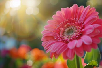 A stunning close-up of a flower in full bloom, surrounded by lush greenery and warm sunlight. The petals are a kaleidoscope of colors, radiating joy and beauty.