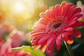 A stunning flower blooms in a sun-kissed garden, radiating warmth and beauty. The delicate petals shimmer with dew, inviting all to bask in its splendor.