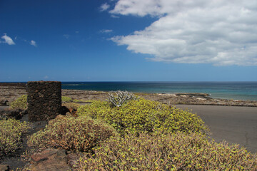 Krajobraz morski, tropikalna piaszczysta plaża, widok na horyzont, wakacje i wypoczynek w słoneczny dzień, linia brzegowa nad oceanem, tapeta, egzotyczne tło, Lanzarote © anettastar