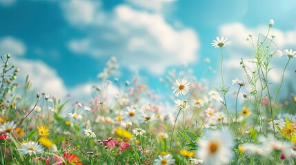 flowers with blue sky. Beautiful spring blurred background, a blossoming meadow filled with flowers under a serene blue sky