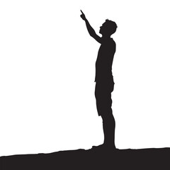 Simple male side view silhouette points with his fingers, black vector illustration on white background