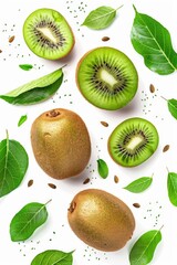 Fototapeta premium Close-up of kiwis with leaves and seeds arranged on a white surface
