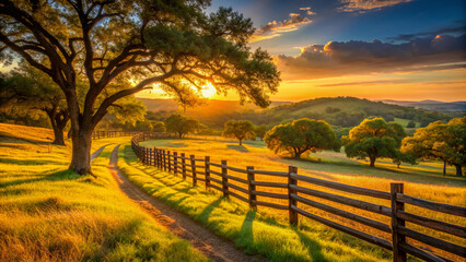 Fototapeta premium Warm golden light illuminates a rustic wooden fence, sprawling oak trees, and rolling hills of Texas Hill Country, evoking a sense of serene rural tranquility.