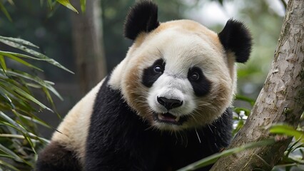 Fototapeta premium A close-up of a large panda in a bamboo forest.